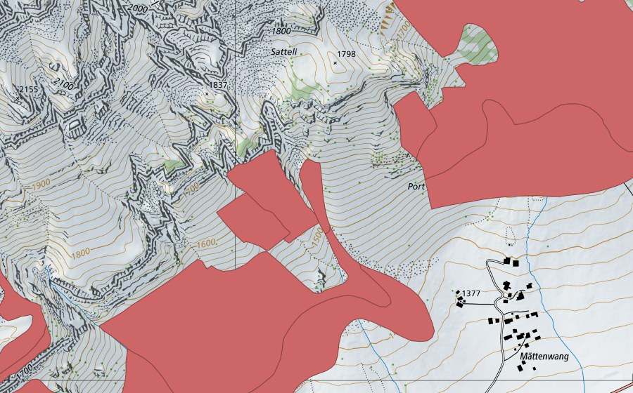swisstopo national map showing the protected perimeter of Hinteren Hütten (Dry meadow)