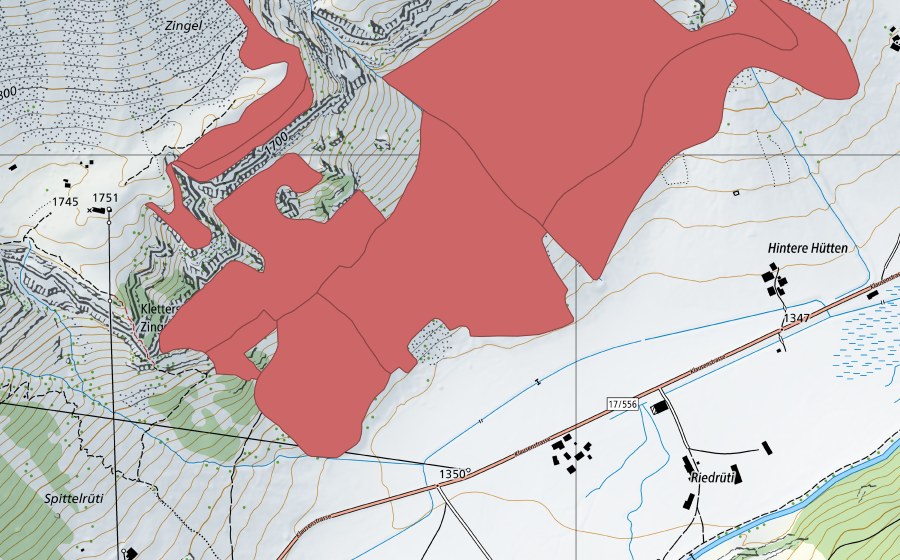 Carte nationale swisstopo avec le périmètre protégé de Hinteren Hütten (Prairie sèche)