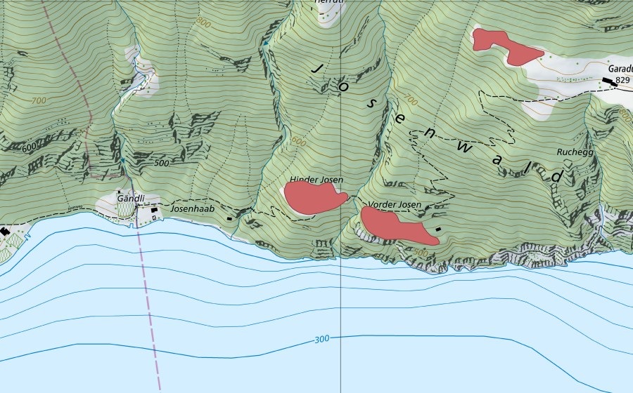 swisstopo national map showing the protected perimeter of Hinterer Josen (Dry meadow)