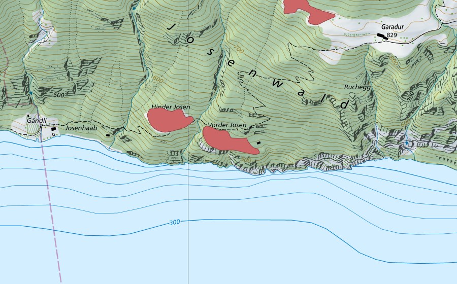 swisstopo national map showing the protected perimeter of Hinterer Josen (Dry meadow)
