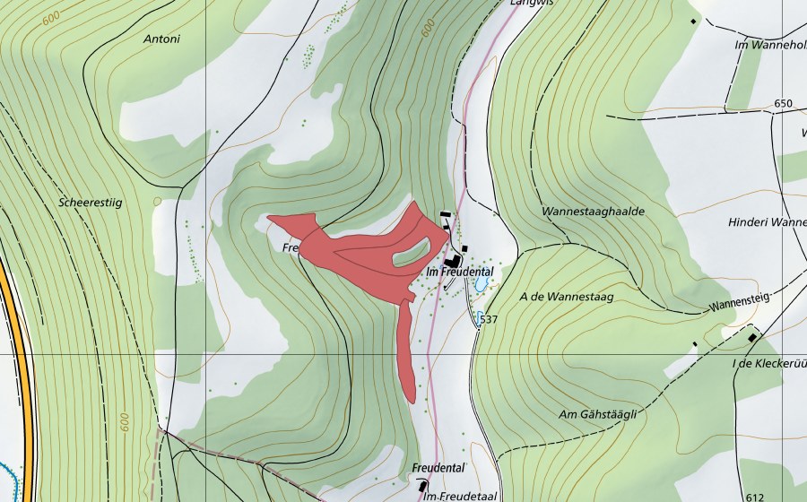 Landeskarte swisstopo mit dem Schutzperimeter von Hinteres Freudental (Trockenwiese)