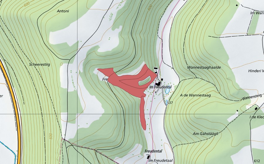 swisstopo national map showing the protected perimeter of Hinteres Freudental (Dry meadow)