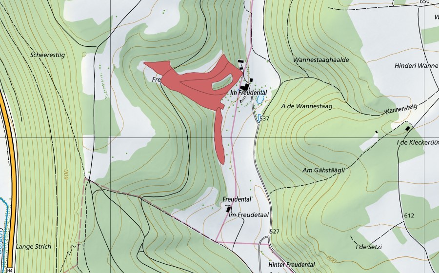 swisstopo national map showing the protected perimeter of Hinteres Freudental (Dry meadow)