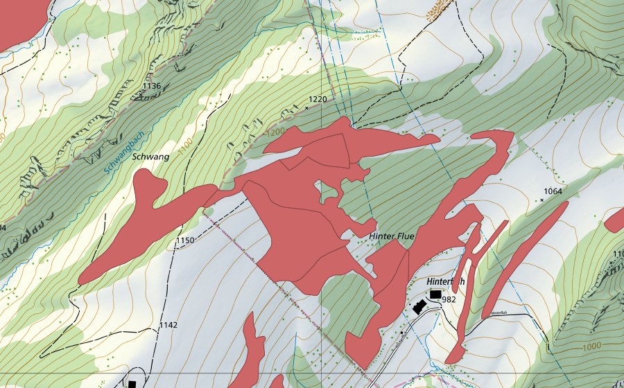 Landeskarte swisstopo mit dem Schutzperimeter von Hinterflue (Trockenwiese)