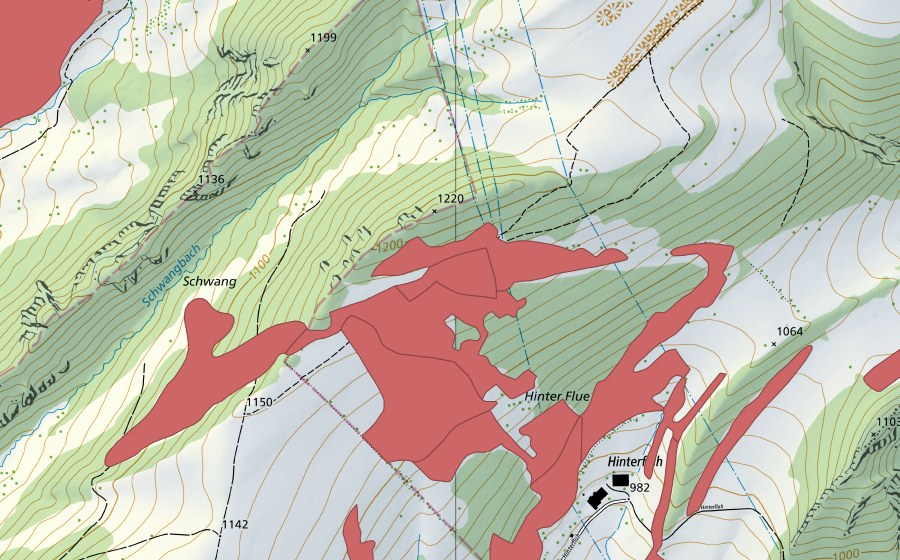 Carte nationale swisstopo avec le périmètre protégé de Hinterflue (Prairie sèche)