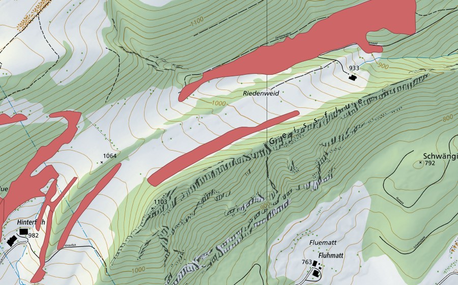 Landeskarte swisstopo mit dem Schutzperimeter von Hinterflue (Trockenwiese)
