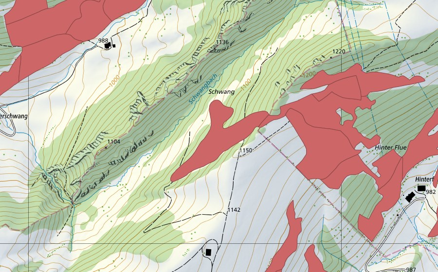 Carte nationale swisstopo avec le périmètre protégé de Hinterflue (Prairie sèche)