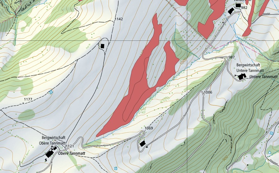 swisstopo national map showing the protected perimeter of Hinterflue (Dry meadow)