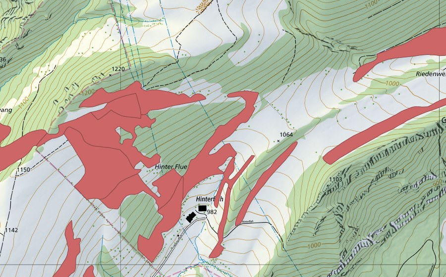 Carte nationale swisstopo avec le périmètre protégé de Hinterflue (Prairie sèche)