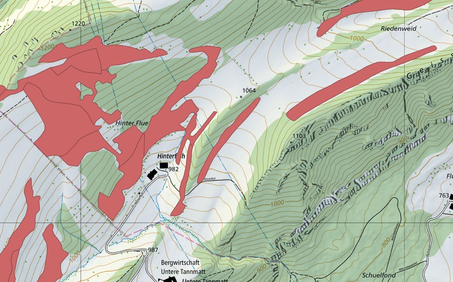 Carte nationale swisstopo avec le périmètre protégé de Hinterflue (Prairie sèche)