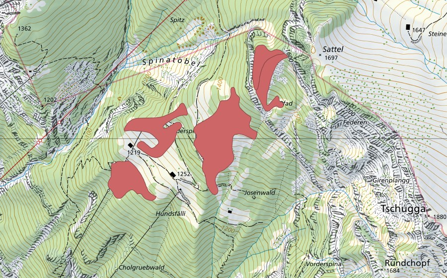 Carte nationale swisstopo avec le périmètre protégé de Hinterspina (Prairie sèche)