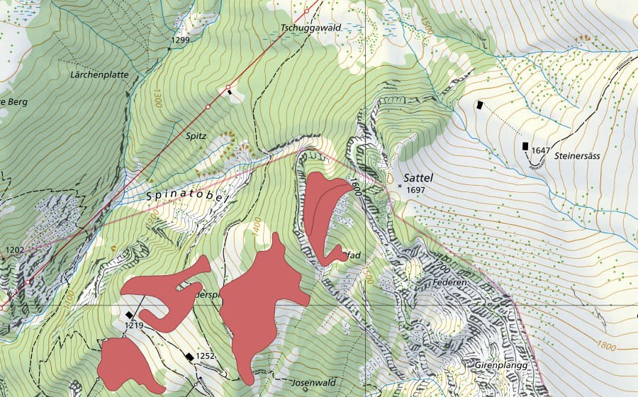 Landeskarte swisstopo mit dem Schutzperimeter von Hinterspina (Trockenwiese)