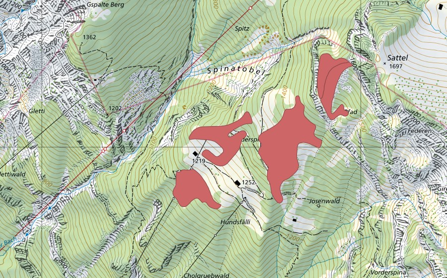 Carte nationale swisstopo avec le périmètre protégé de Hinterspina (Prairie sèche)