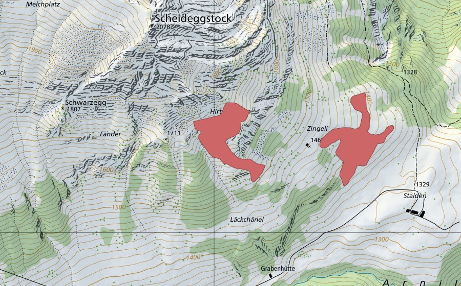 Carte nationale swisstopo avec le périmètre protégé de Hirtplanggen (Prairie sèche)