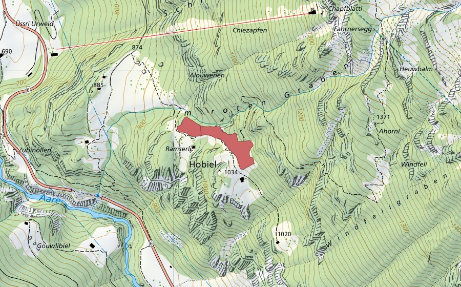swisstopo national map showing the protected perimeter of Hobiel (Dry meadow)