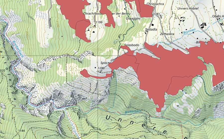 Landeskarte swisstopo mit dem Schutzperimeter von Hobiel (Trockenwiese)
