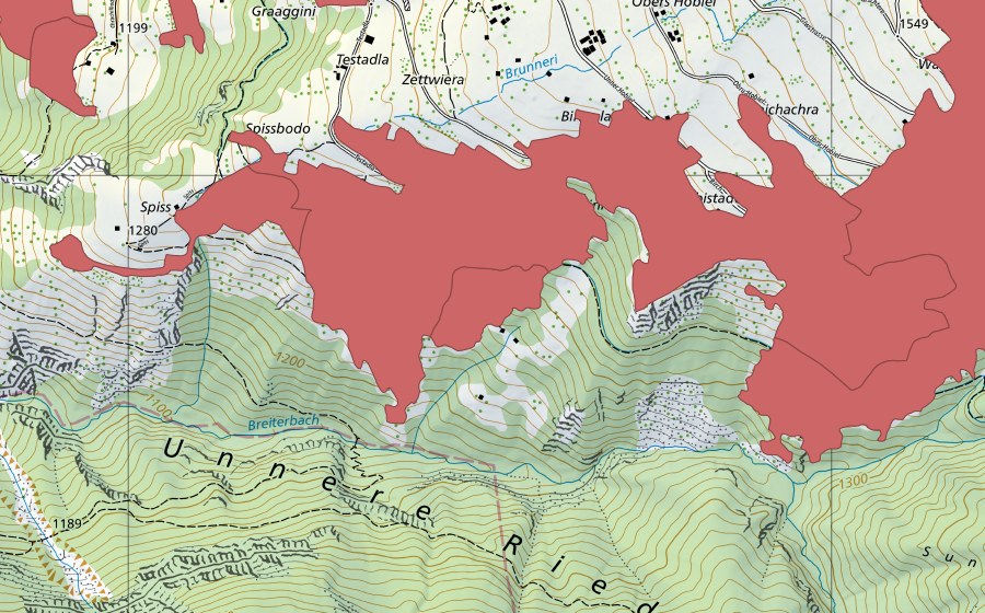 Landeskarte swisstopo mit dem Schutzperimeter von Hobiel (Trockenwiese)