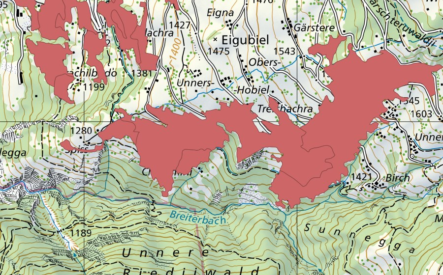 Landeskarte swisstopo mit dem Schutzperimeter von Hobiel (Trockenwiese)