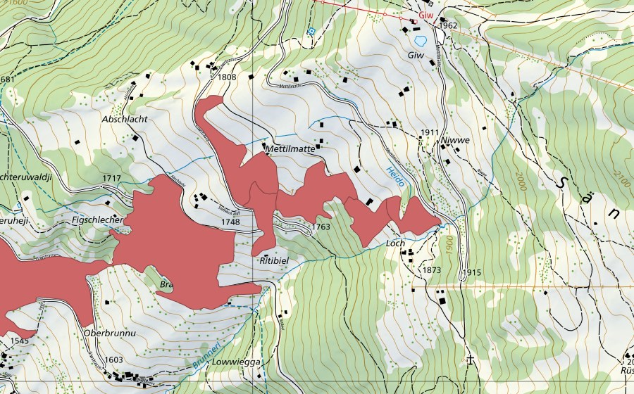 Carte nationale swisstopo avec le périmètre protégé de Hobiel (Prairie sèche)