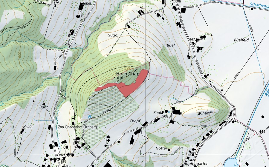 Carte nationale swisstopo avec le périmètre protégé de Hoch Chapf (Prairie sèche)