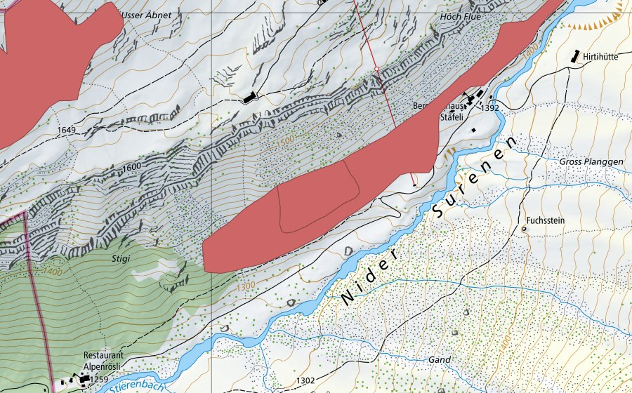 Carte nationale swisstopo avec le périmètre protégé de Höch Flue (Prairie sèche)
