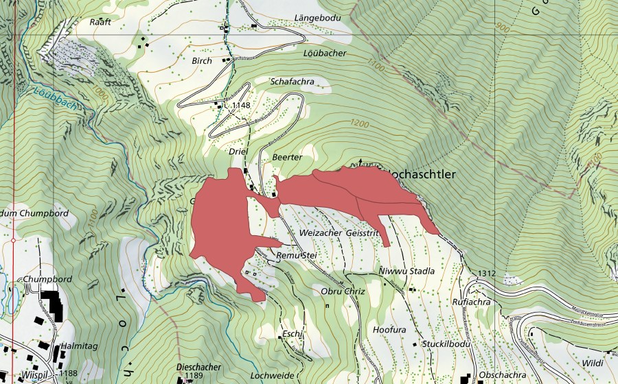 Landeskarte swisstopo mit dem Schutzperimeter von Hochastler (Trockenwiese)