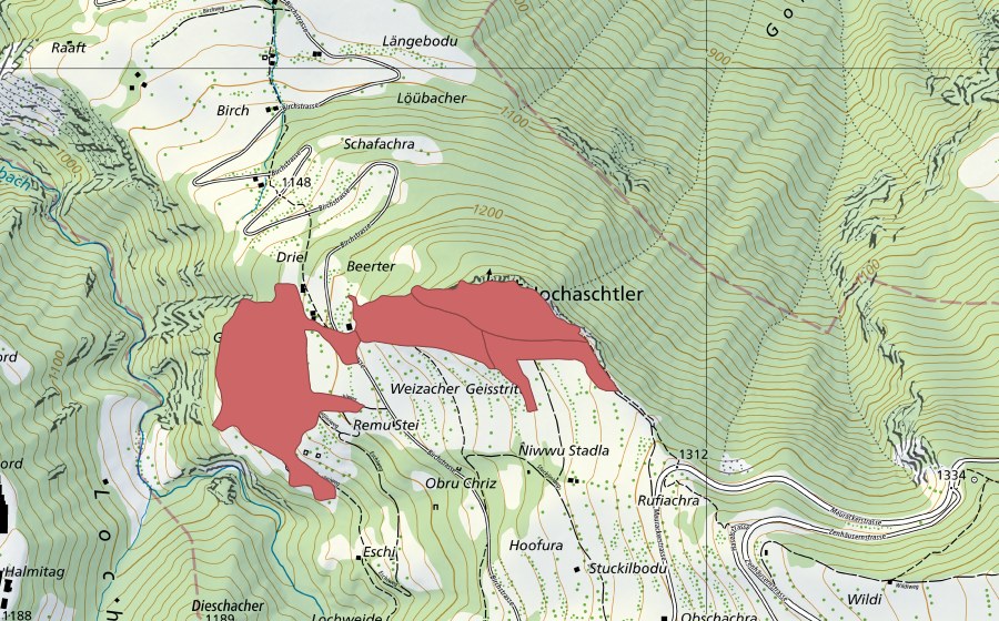 Carte nationale swisstopo avec le périmètre protégé de Hochastler (Prairie sèche)