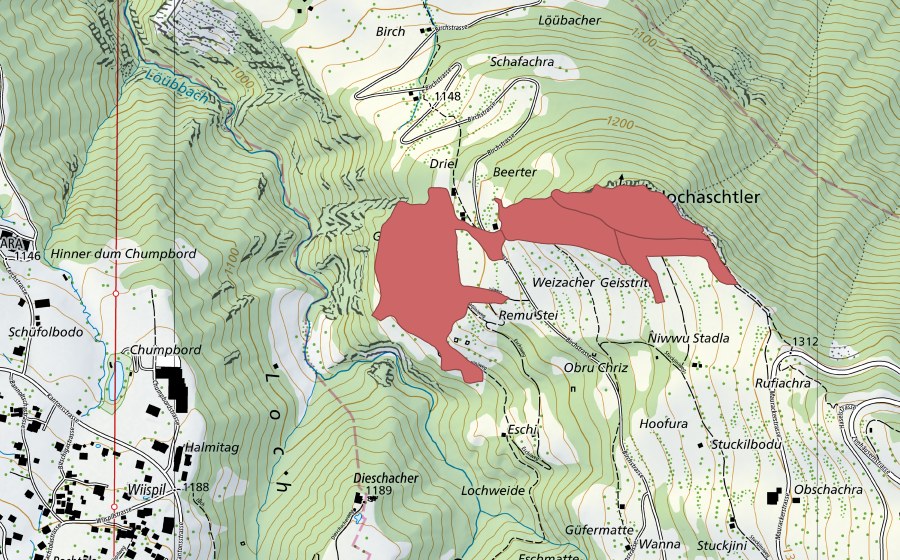 Landeskarte swisstopo mit dem Schutzperimeter von Hochastler (Trockenwiese)