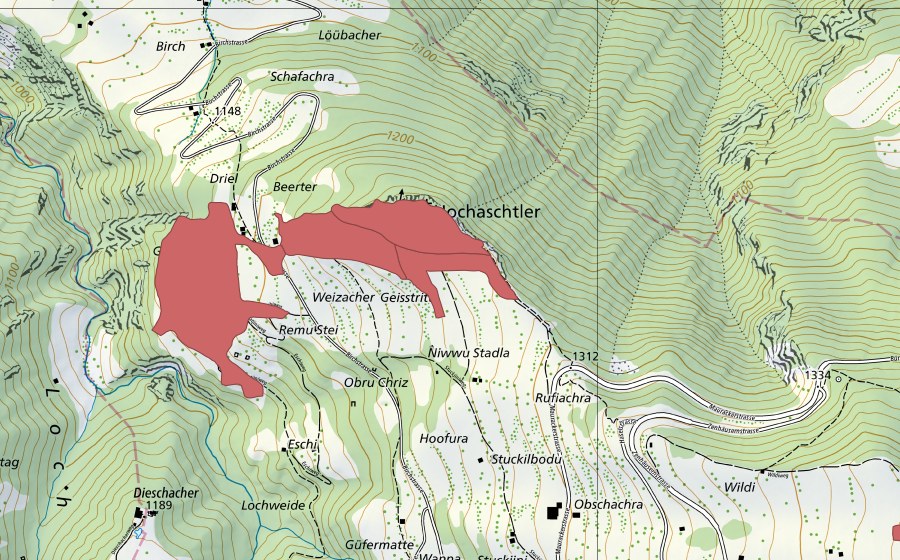 Landeskarte swisstopo mit dem Schutzperimeter von Hochastler (Trockenwiese)