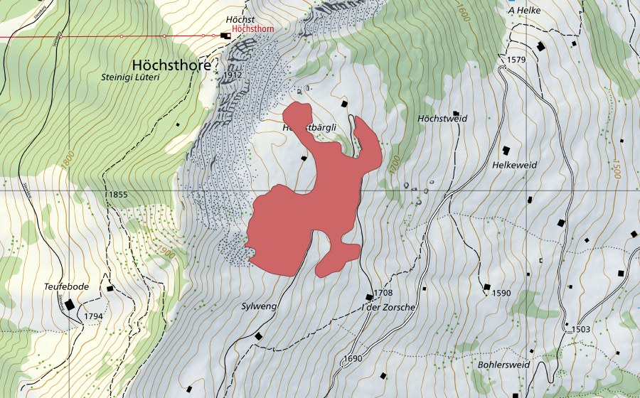 Carte nationale swisstopo avec le périmètre protégé de Höchst (Prairie sèche)