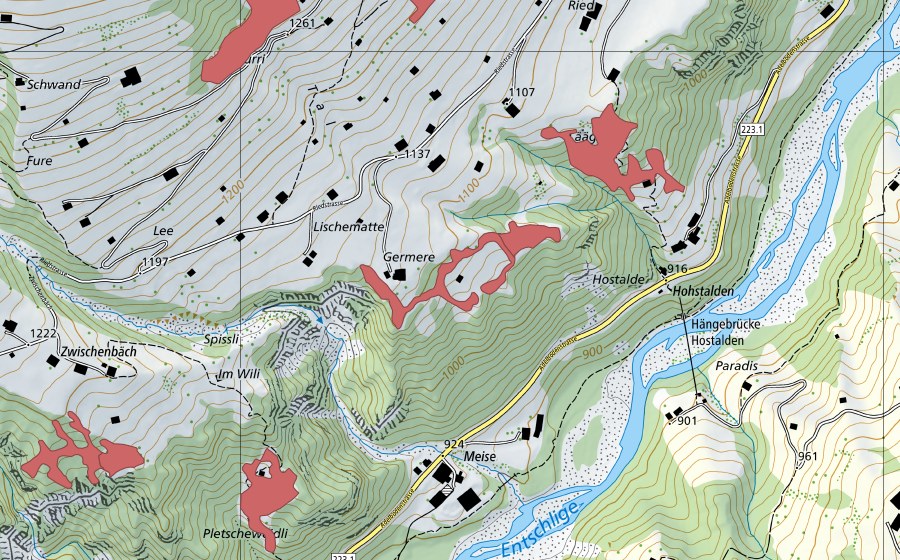 Carte nationale swisstopo avec le périmètre protégé de Hochstalden (Prairie sèche)