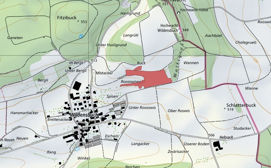 Carte nationale swisstopo avec le périmètre protégé de Hochwacht (Prairie sèche)