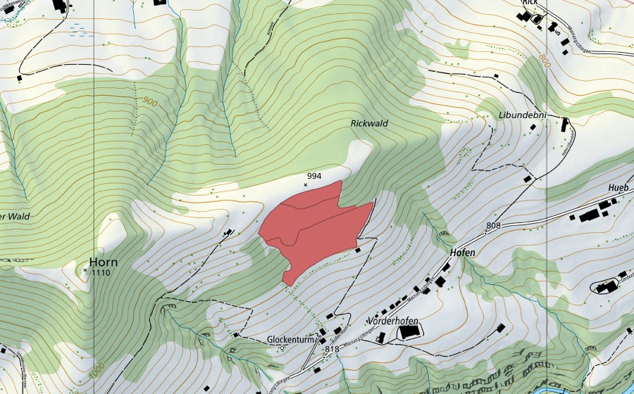 Carte nationale swisstopo avec le périmètre protégé de Hofen (Prairie sèche)