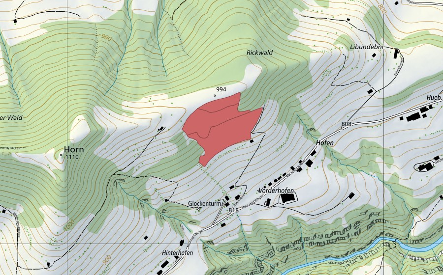 Landeskarte swisstopo mit dem Schutzperimeter von Hofen (Trockenwiese)
