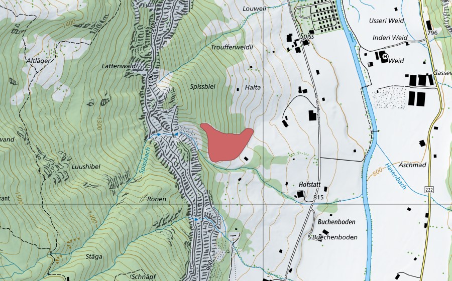 swisstopo national map showing the protected perimeter of Hofstatt (Dry meadow)