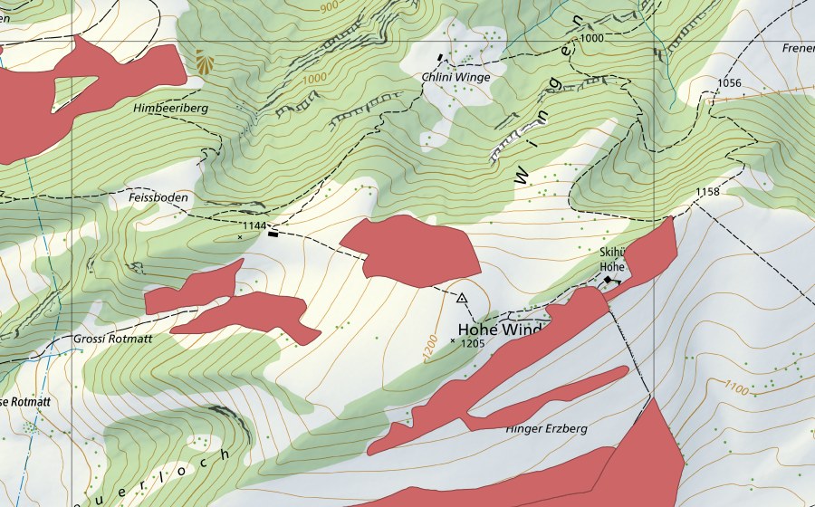swisstopo national map showing the protected perimeter of Hohe Winde (Dry meadow)