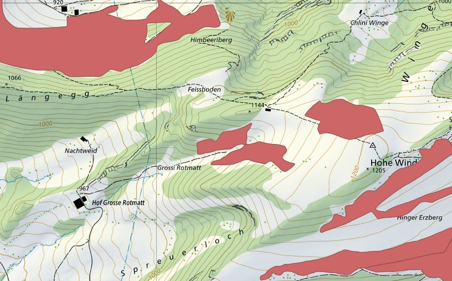 Landeskarte swisstopo mit dem Schutzperimeter von Hohe Winde (Trockenwiese)