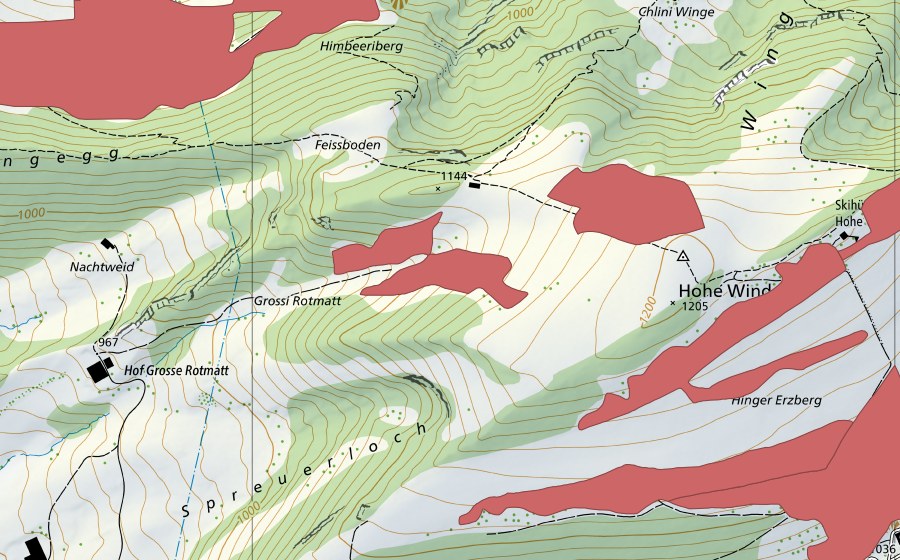 Landeskarte swisstopo mit dem Schutzperimeter von Hohe Winde (Trockenwiese)