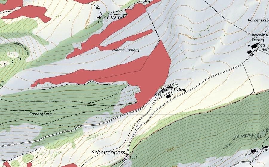 Landeskarte swisstopo mit dem Schutzperimeter von Hohe Winde (Trockenwiese)