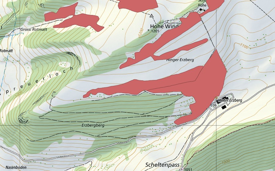 swisstopo national map showing the protected perimeter of Hohe Winde (Dry meadow)