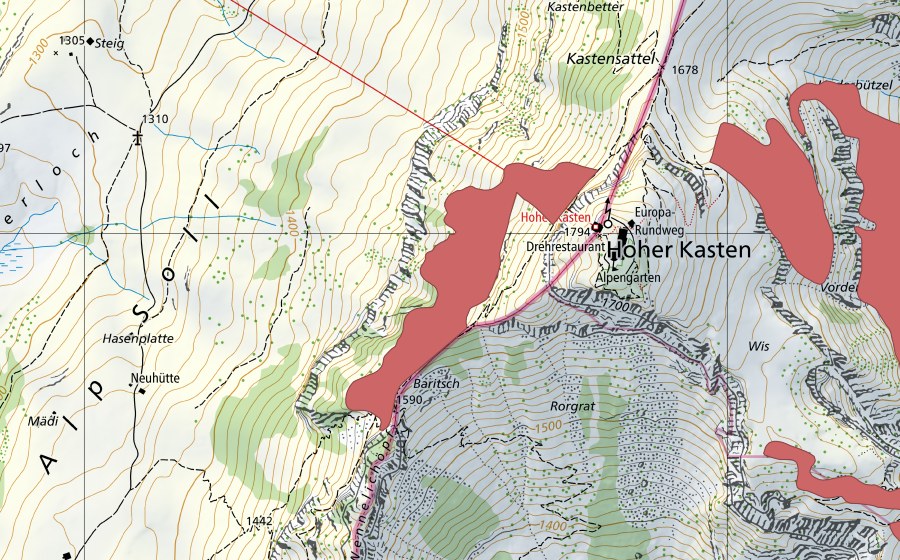 Carte nationale swisstopo avec le périmètre protégé de Hoher Kasten (Prairie sèche)