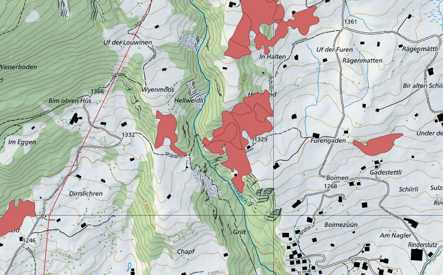 Carte nationale swisstopo avec le périmètre protégé de Hohstand (Prairie sèche)