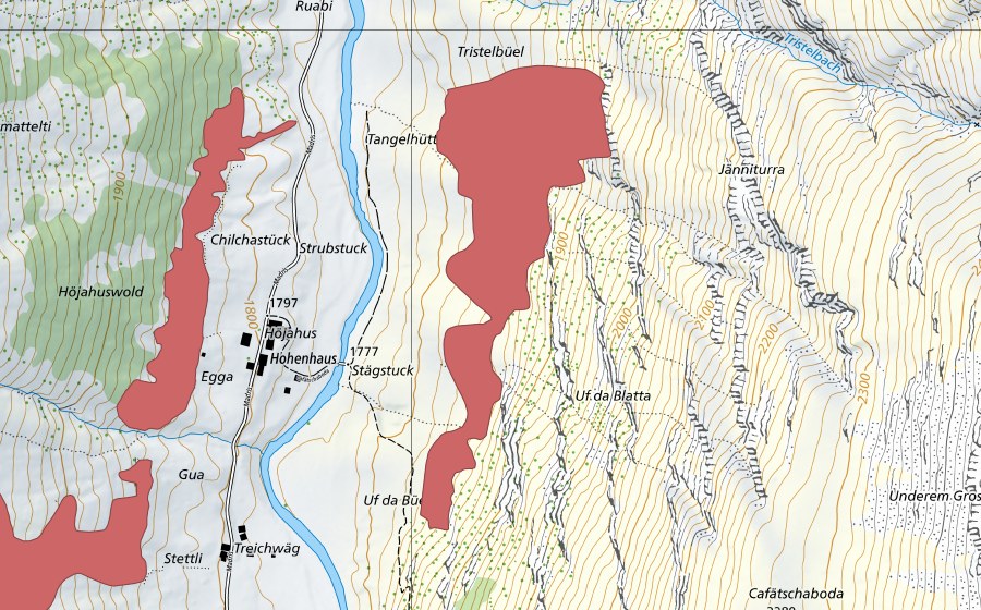 swisstopo national map showing the protected perimeter of Höjahus (Dry meadow)