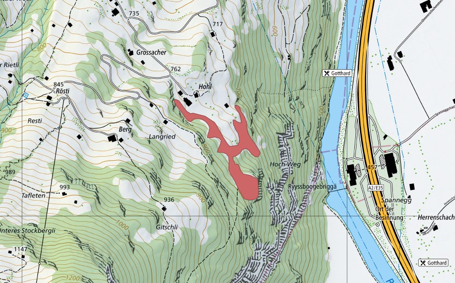 Landeskarte swisstopo mit dem Schutzperimeter von Hol (Trockenwiese)