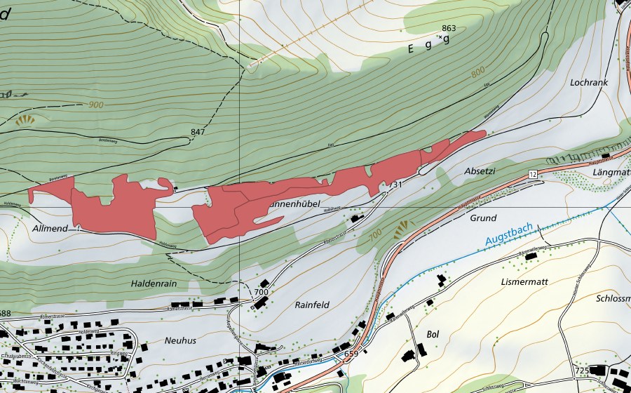 Landeskarte swisstopo mit dem Schutzperimeter von Holden (Trockenwiese)