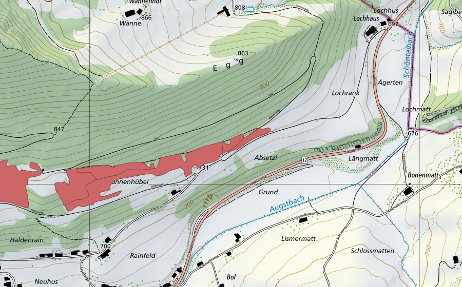 Landeskarte swisstopo mit dem Schutzperimeter von Holden (Trockenwiese)