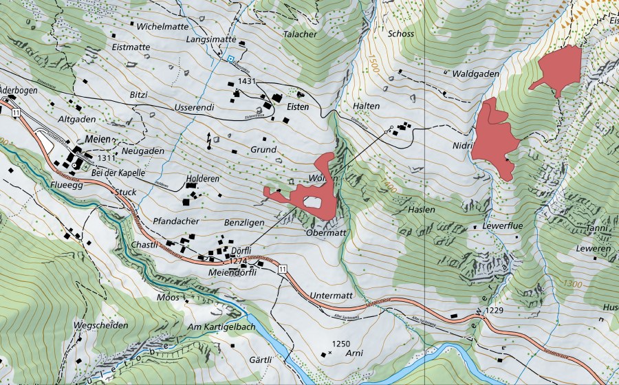 Landeskarte swisstopo mit dem Schutzperimeter von Holderen (Trockenwiese)
