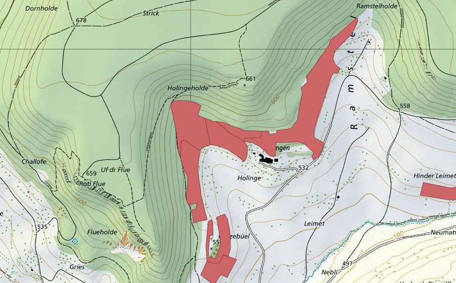 Carte nationale swisstopo avec le périmètre protégé de Holingen (Prairie sèche)