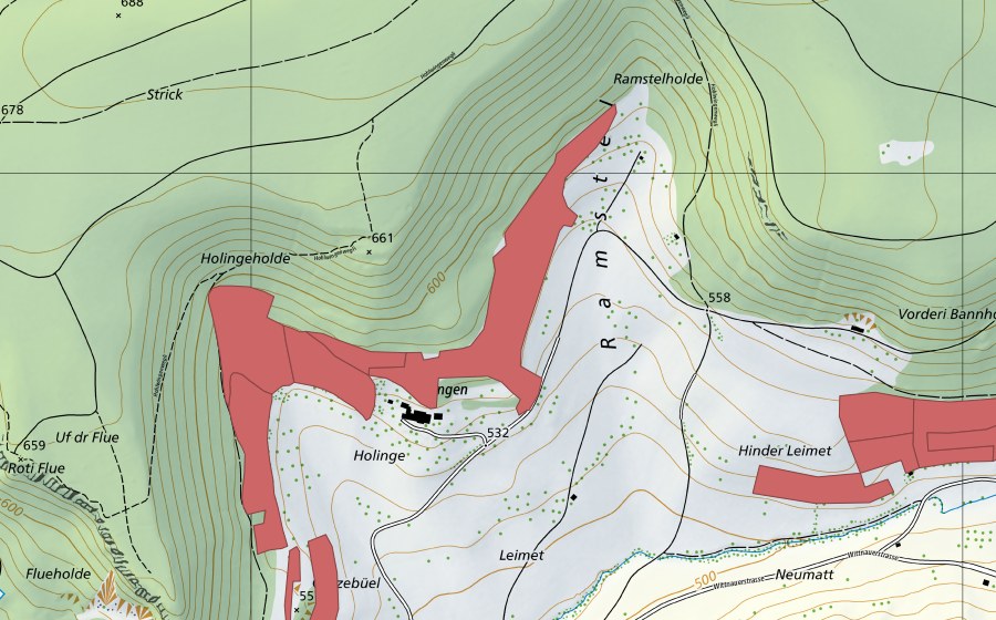 swisstopo national map showing the protected perimeter of Holingen (Dry meadow)