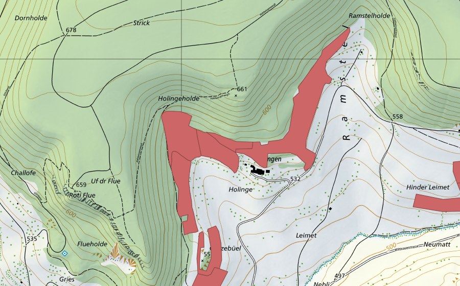 Carte nationale swisstopo avec le périmètre protégé de Holingen (Prairie sèche)
